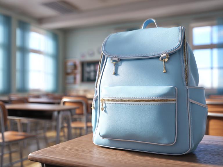 Modrý batoh ležící na školní lavici